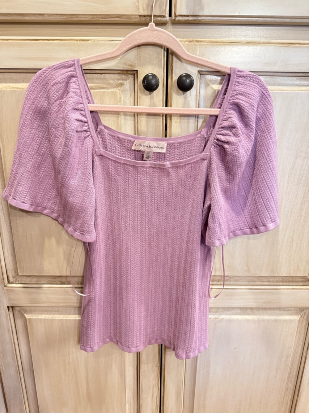 Catherine Malandrino Lilac Knit Square-Neck Puff Sleeve Top